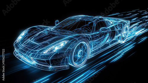 Obraz na płótnie This is a wire-frame hologram of a car with blue light flashing on a black background w salonie