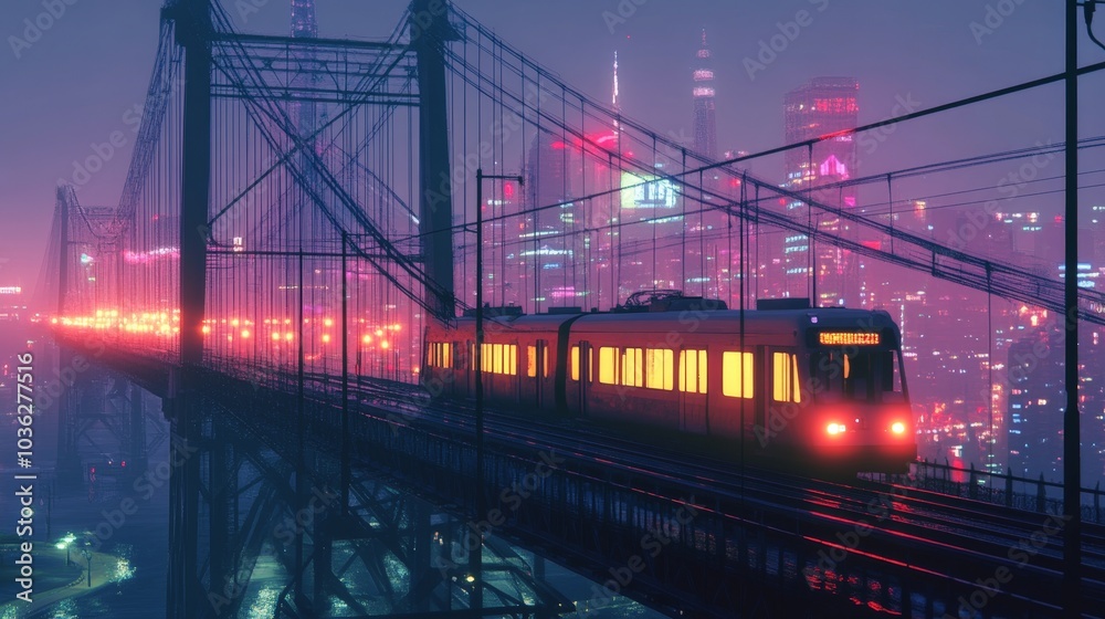 Obraz premium A modern city train crossing a suspension bridge, with bright streetlights illuminating its path and the city skyline visible in the distance.