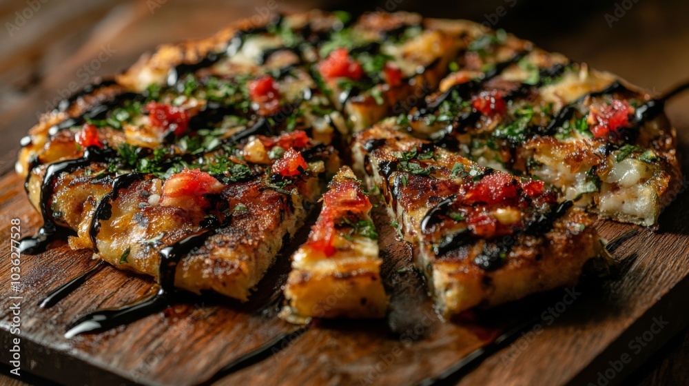 Crispy Savory Dish with Fresh Toppings on Wooden Board Crispy Savory Dish with Fresh Toppings on Wooden Board