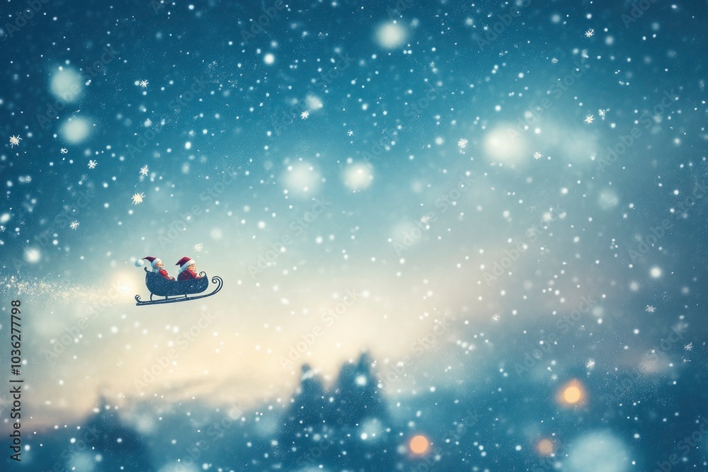 Fototapeta premium Merry christmas and happy new year greeting card with copy-space. Winter night landscape.Santa and his sleigh flying over snowy landscape, ai