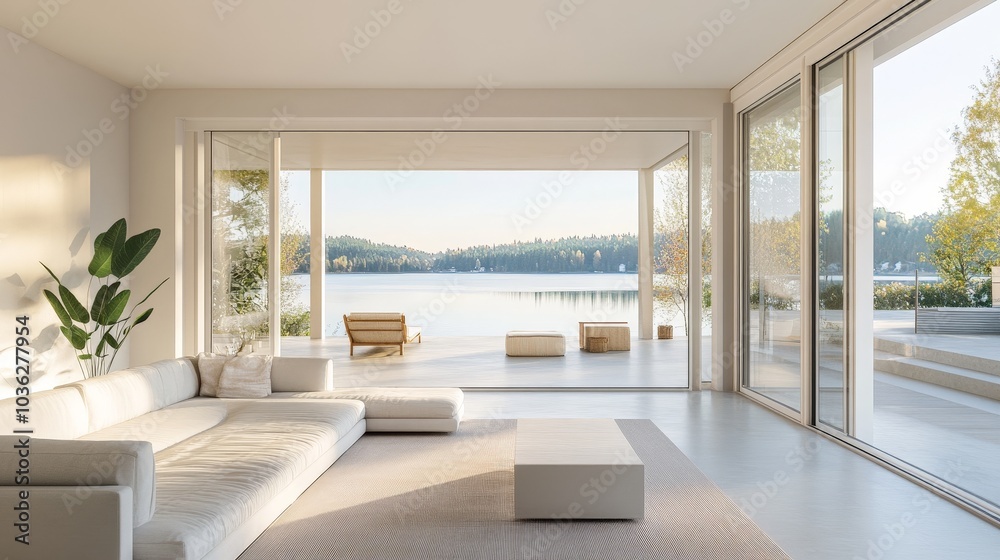 Fototapeta premium A modern open-concept living room with sleek white furniture, a minimalist aesthetic, and large glass sliding doors leading to a terrace with a view of a serene lake.