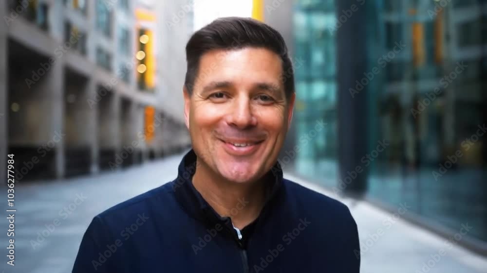 man walking in the middle of a city smiling with confidence and security