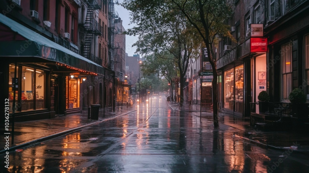 Naklejka premium A moody shot of a rainy New York street in the early morning, with wet sidewalks, closed storefronts, and soft, diffused light coming through the clouds.