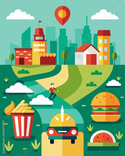 In a bustling metropolis fast food chains litter the streets while in rural areas smallscale farmers struggle to produce enough food to feed their own families.. Vector illustration