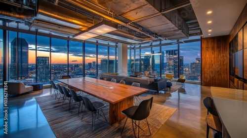 A panoramic shot of a contemporary office with modern furnishings, large communal tables, and huge windows showcasing a sweeping cityscape view.