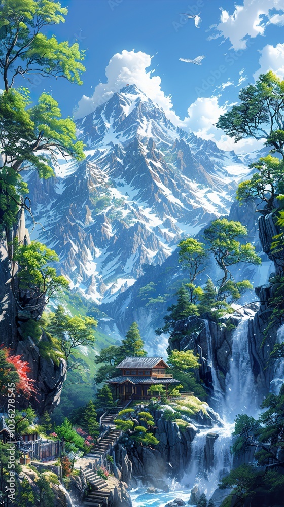 Fototapeta premium Majestic Mountain Landscape with Waterfall and House