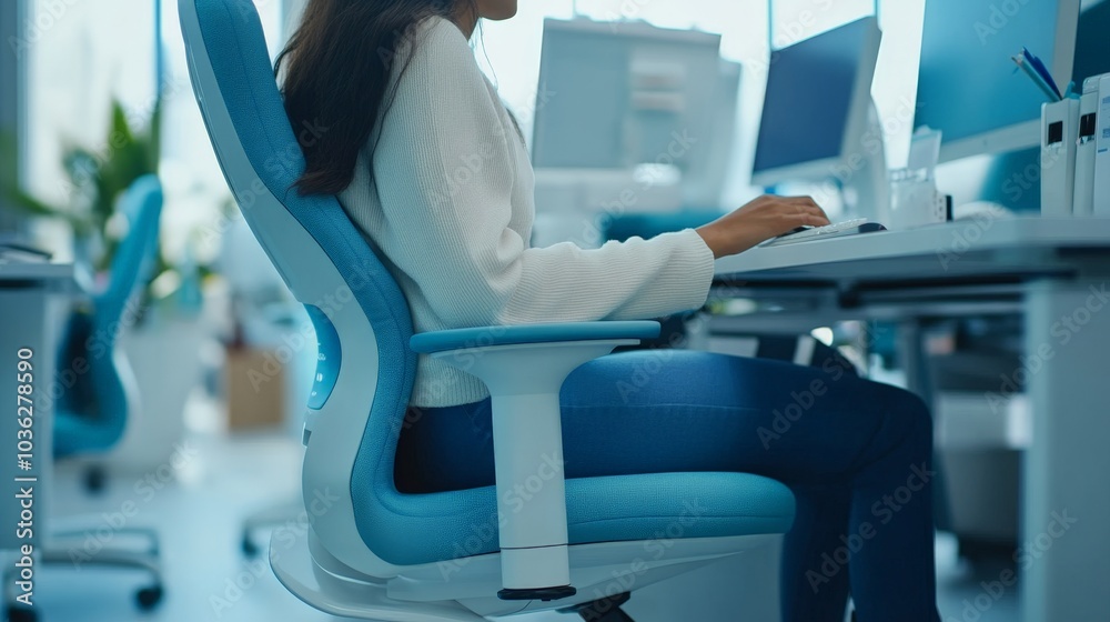Fototapeta premium A person using an ergonomic office chair with multiple adjustment features, including lumbar support and height controls, in an inclusive workspace designed for comfort and health.