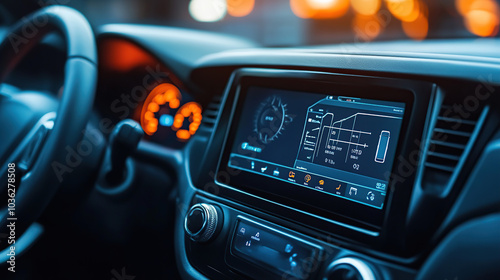 Close-up of a modern car radio with a touch screen and speaker inside the vehicle photo