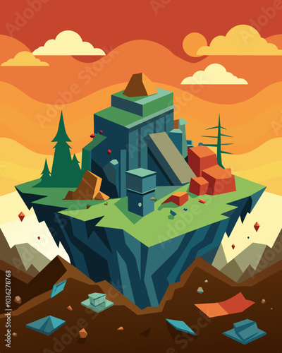 An unnatural landscape entirely manmade with layers upon layers of discarded items forming the foundation of the terrain.. Vector illustration