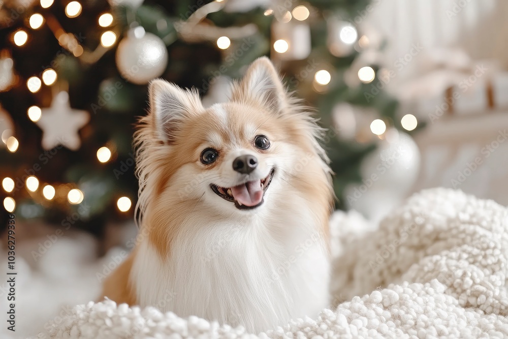 Merry Christmas! Cute happy dog sitting on background of stylish christmas tree with illuminated star and lights. Pet and winter holidays. Adorable danish spitz dog in festive room, ai Merry Christmas! Cute happy dog sitting on background of stylish christmas tree with illuminated star and lights. Pet and winter holidays. Adorable danish spitz dog in festive room, ai