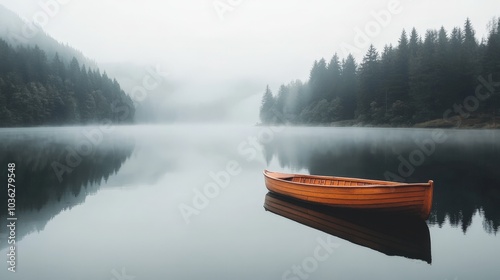 A quiet wooden boat resting on a tranquil lake, enveloped in thick mist. 