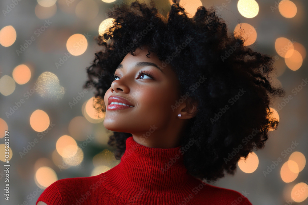 Afro girl wearing red knit sweater with copy space for christmas background Afro girl wearing red knit sweater with copy space for christmas background