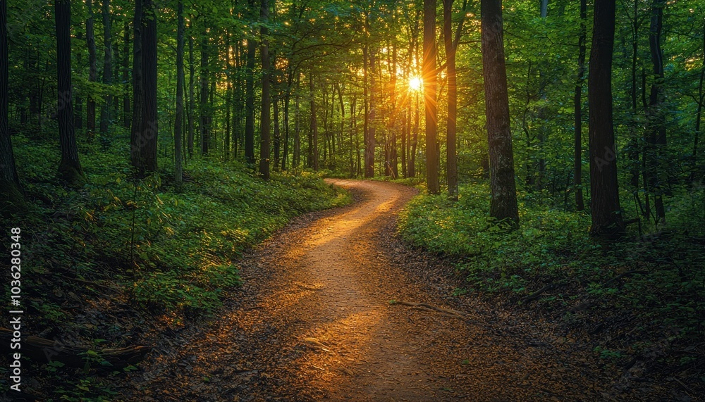 Fototapeta premium Sunlit Forest Path Winding Through Lush Green Trees