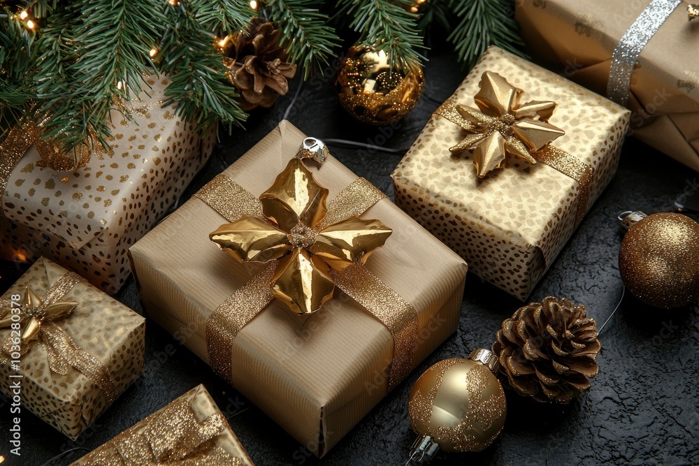 Merry Christmas Happy Holidays greeting card background, New Year, Noel, Winter xmas holidays flat lay. Christmas golden ornaments, decor fir tree, gift boxes on black background top view, ai Merry Christmas Happy Holidays greeting card background, New Year, Noel, Winter xmas holidays flat lay. Christmas golden ornaments, decor fir tree, gift boxes on black background top view, ai