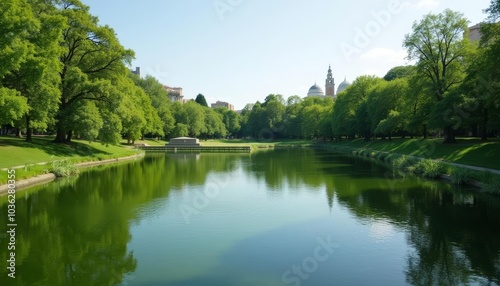  Tranquil park lake under a clear sky