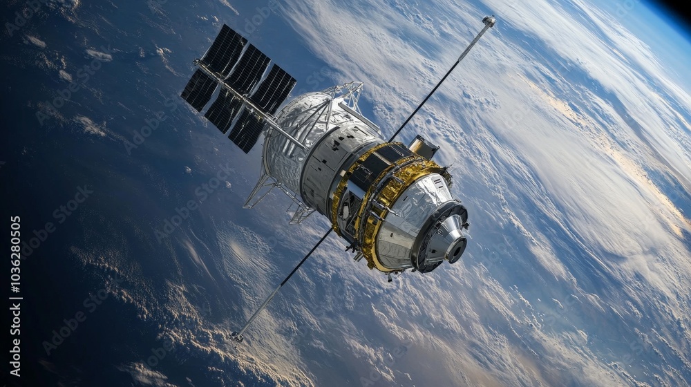 Obraz premium A satellite assembling itself in low Earth orbit