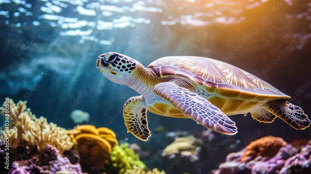 Fototapeta premium A green sea turtle swims gracefully through a coral reef, with sunlight illuminating the scene.