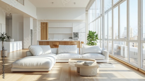 A Scandinavian-style apartment panorama with light wood floors, a white sectional sofa, and a minimalist kitchen, all bathed in natural light from wide windows offering panoramic views.