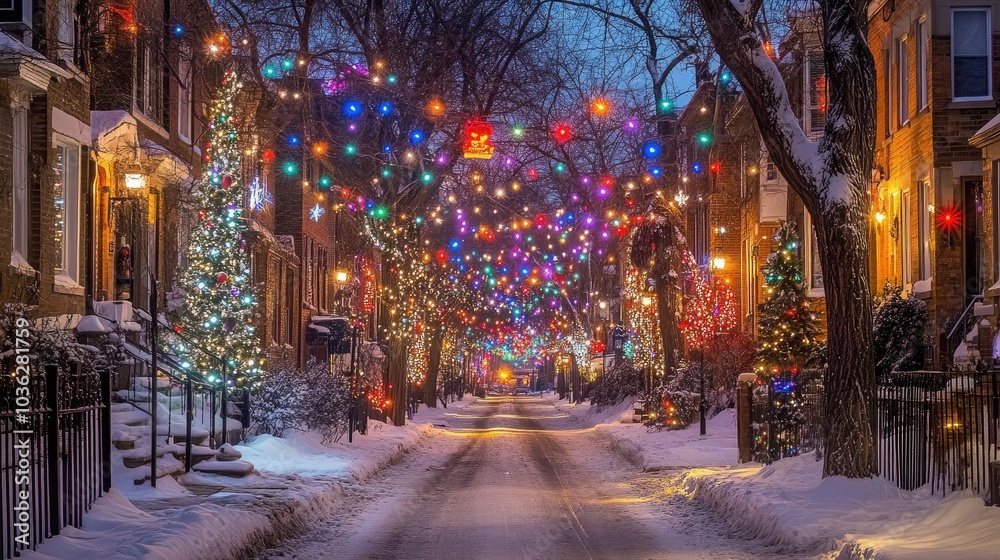 Colorful Holiday Lights on a Snowy Street in Winter Colorful Holiday Lights on a Snowy Street in Winter