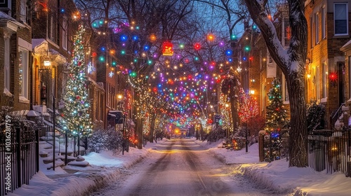 Colorful Holiday Lights on a Snowy Street in Winter