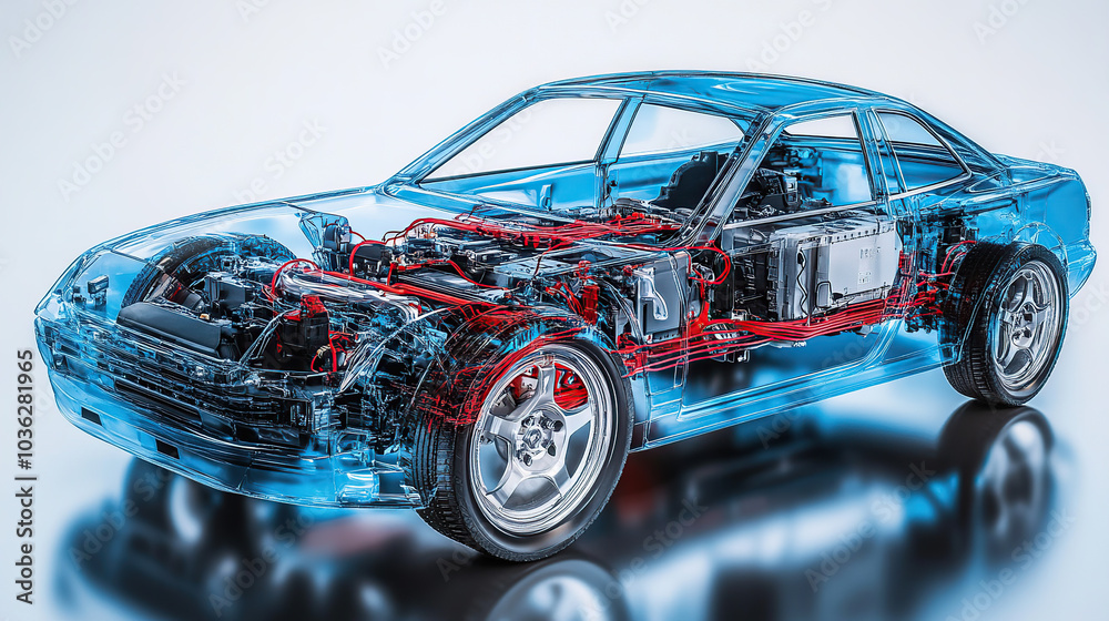 An exploded view of an electric car's engine, showing the various components such as the battery pack and motor inside its transparent shell An exploded view of an electric car's engine, showing the various components such as the battery pack and motor inside its transparent shell