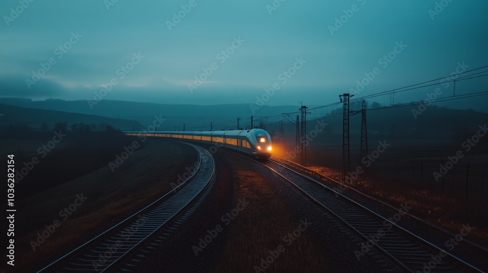 Fototapeta premium A sleek high-speed train cutting across the landscape at twilight, with lights from inside creating a soft glow in the growing darkness.