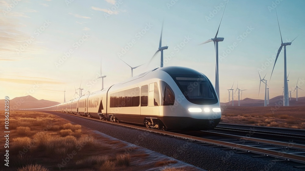Fototapeta premium A sleek, futuristic electric train winding through a landscape of wind turbines, showcasing modern, eco-friendly travel.