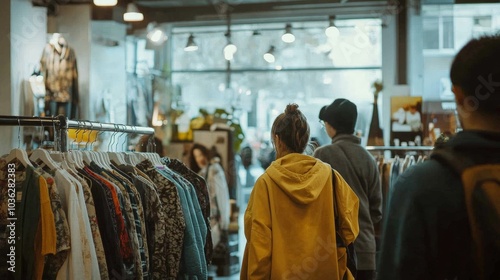 A slow fashion collection on display at a pop-up shop, with customers browsing ethically made garments in a well-lit, modern space.