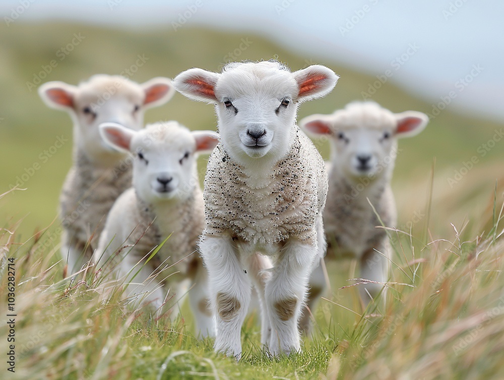 Four adorable lambs standing in a grassy field. Four adorable lambs standing in a grassy field.