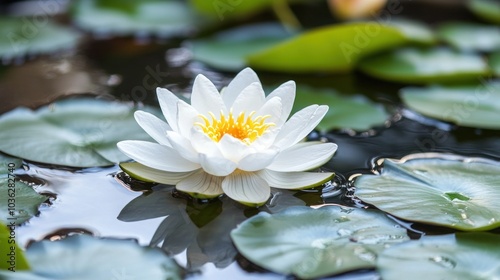 Wallpaper Mural A single white water lily with yellow center blooms in a pond with green lily pads. Torontodigital.ca