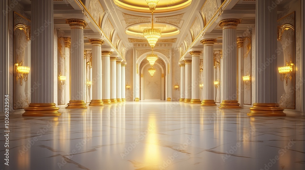 Obraz premium Grand Hallway with Golden Accents and Marble Floor