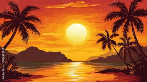 Tropical Sunset Over Calm Ocean with Palm Trees