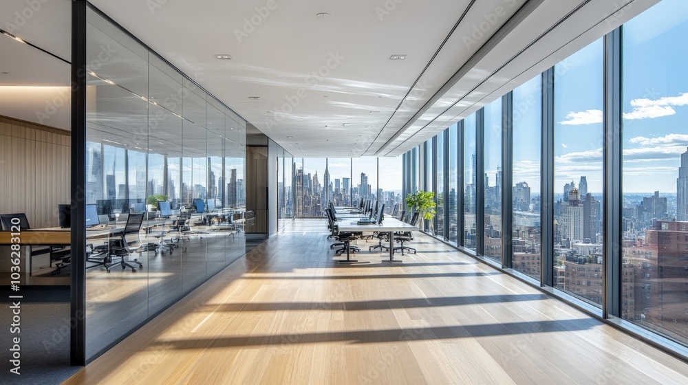 A spacious, contemporary office featuring minimalist rows of workstations, and glass partitions, with a panoramic view of a bustling urban skyline. A spacious, contemporary office featuring minimalist rows of workstations, and glass partitions, with a panoramic view of a bustling urban skyline.
