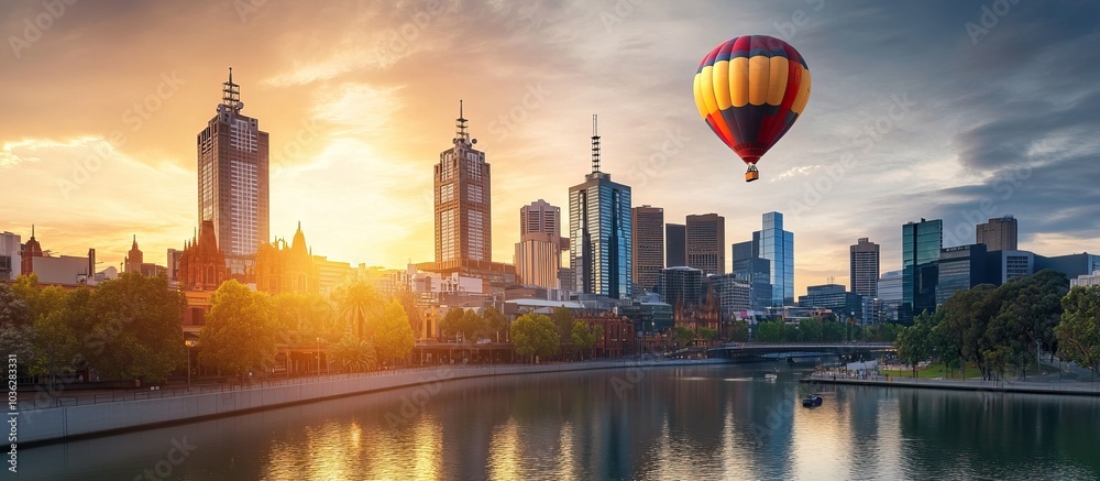 Obraz premium Sunrise Over Melbourne Skyline with Hot Air Balloon
