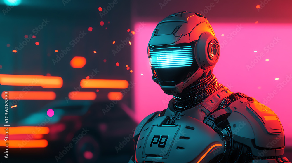 Futuristic robot in neon lighting, showcasing advanced tech and modern design.