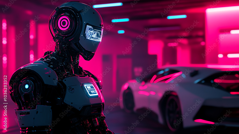 A futuristic robot in a neon-lit garage, showcasing advanced design and technology, with a sleek sports car in the background. A futuristic robot in a neon-lit garage, showcasing advanced design and technology, with a sleek sports car in the background.