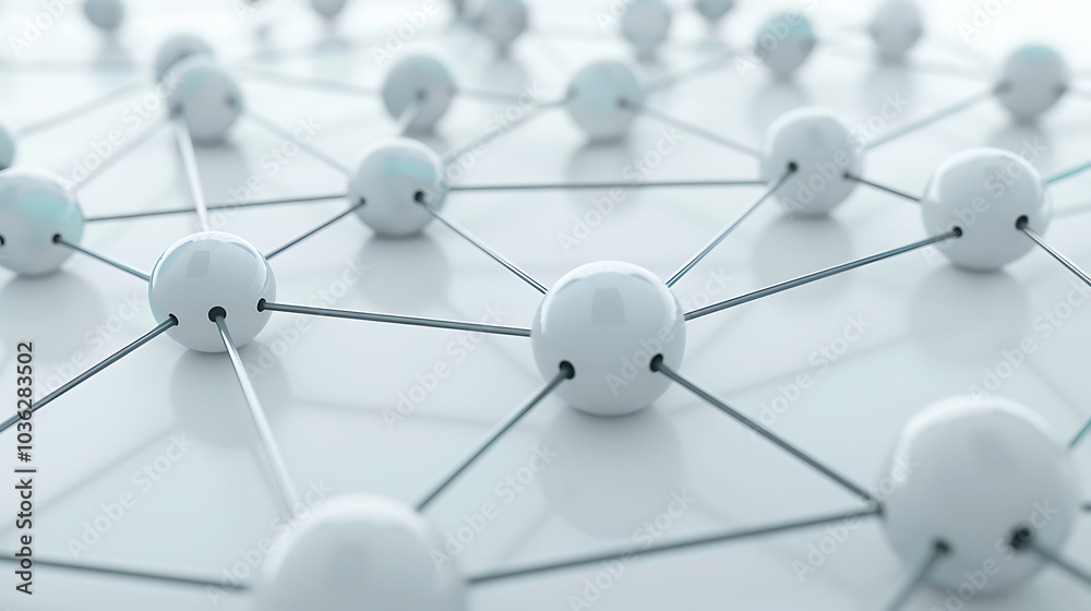 3D network of white spheres connected by lines, symbolizing connectivity and technology 3D network of white spheres connected by lines, symbolizing connectivity and technology