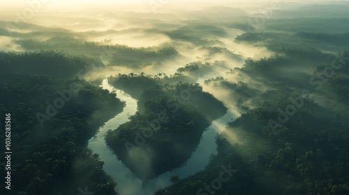 A stunning top-down view of a winding river cutting through a vast rainforest, with mist rising from the trees in the early morning light.