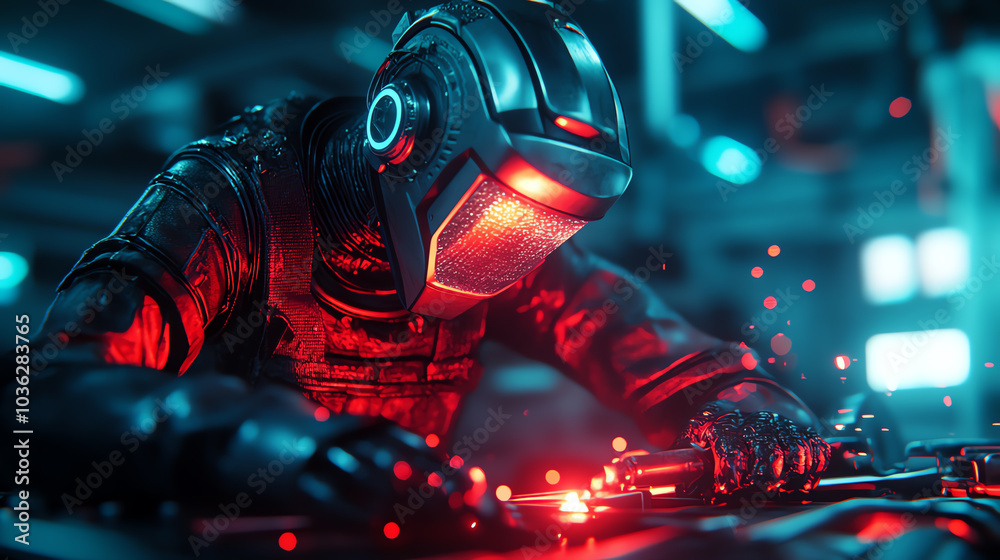 A futuristic robotic figure working intently on a circuit board, with glowing red lights in a high-tech environment, showcasing advanced technology.