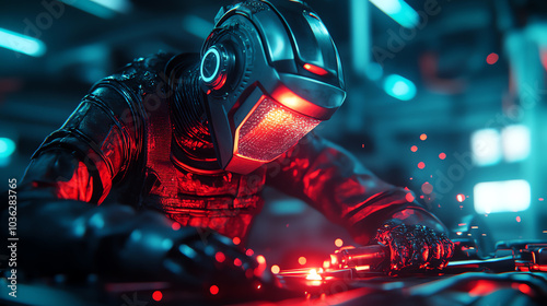 A futuristic robotic figure working intently on a circuit board, with glowing red lights in a high-tech environment, showcasing advanced technology.