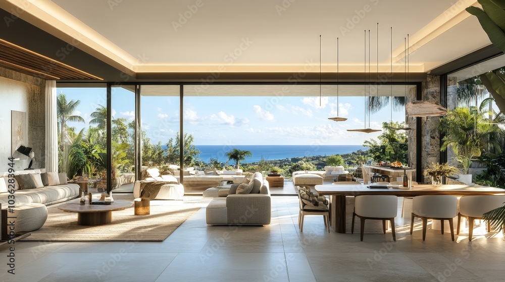 A stylish open-concept apartment with a large living room, modern dining area, and panoramic windows, offering a breathtaking view of a coastal landscape. A stylish open-concept apartment with a large living room, modern dining area, and panoramic windows, offering a breathtaking view of a coastal landscape.