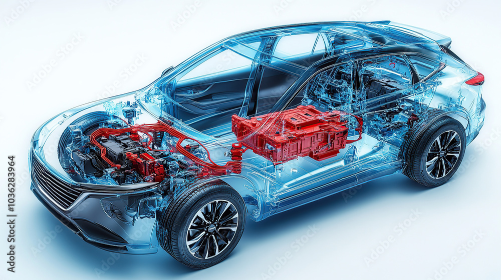 An exploded view of an electric car's engine, showing the various components such as the battery pack and motor inside its transparent shell