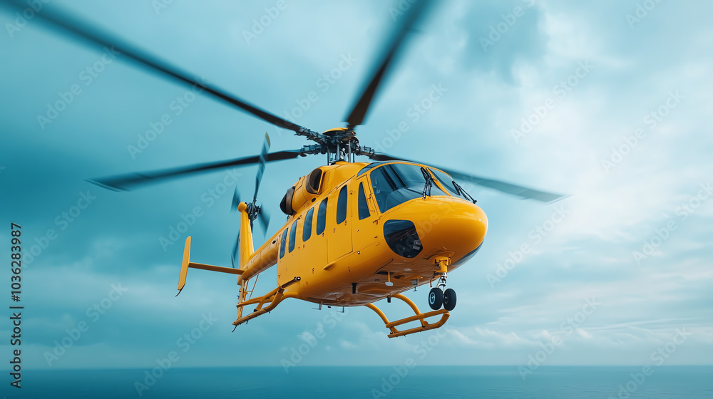A vibrant yellow helicopter in flight against a dramatic sky backdrop, showcasing its agility and engineering marvel. A vibrant yellow helicopter in flight against a dramatic sky backdrop, showcasing its agility and engineering marvel.
