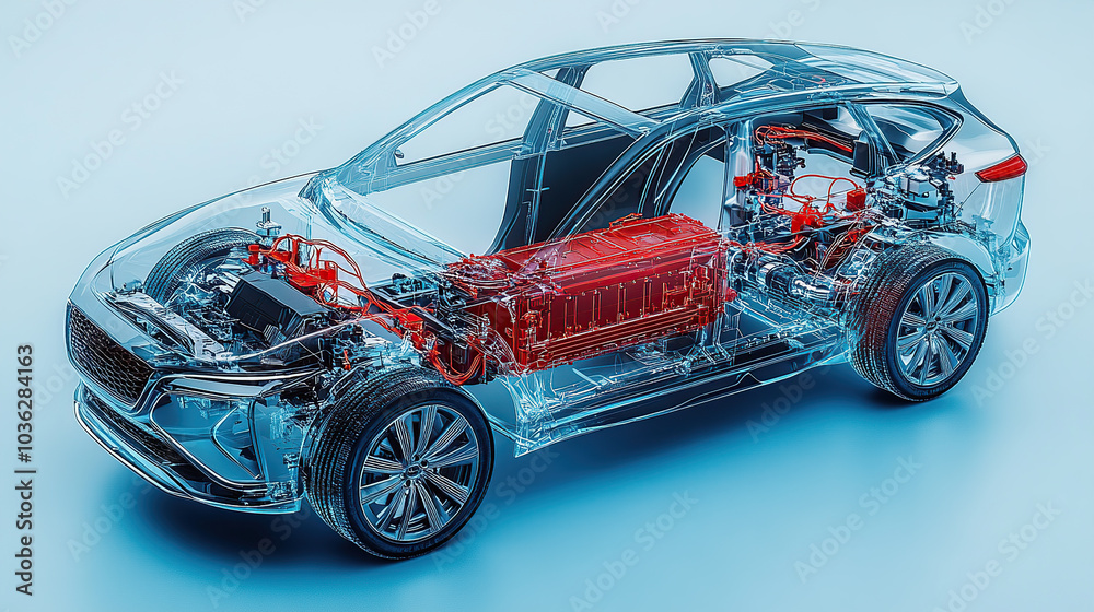 An exploded view of an electric car's engine, showing the various components such as the battery pack and motor inside its transparent shell An exploded view of an electric car's engine, showing the various components such as the battery pack and motor inside its transparent shell