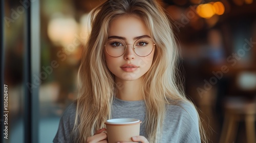 A beautiful girl is holding a cup of coffee in her hands.