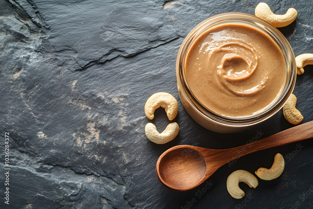 Cashew nut butter in jar with wooden spoon on slate surface. Cashew nut butter in jar with wooden spoon on slate surface.