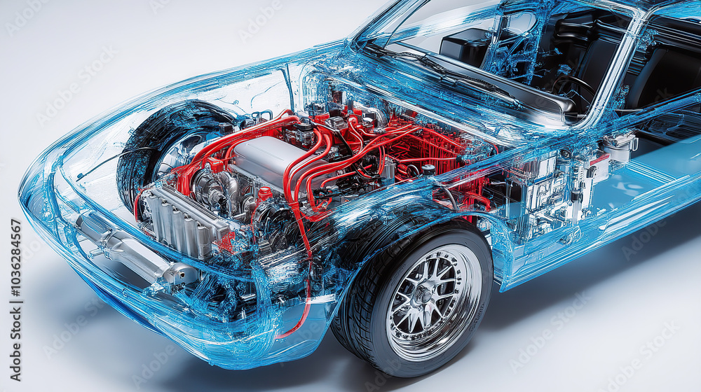 An exploded view of an electric car's engine, showing the various ...