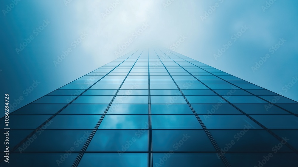 Looking up at a glass-covered skyscraper disappearing into the mist, the reflective surface mirrors the sky. This dramatic perspective highlights urban growth and modern design. Looking up at a glass-covered skyscraper disappearing into the mist, the reflective surface mirrors the sky. This dramatic perspective highlights urban growth and modern design.