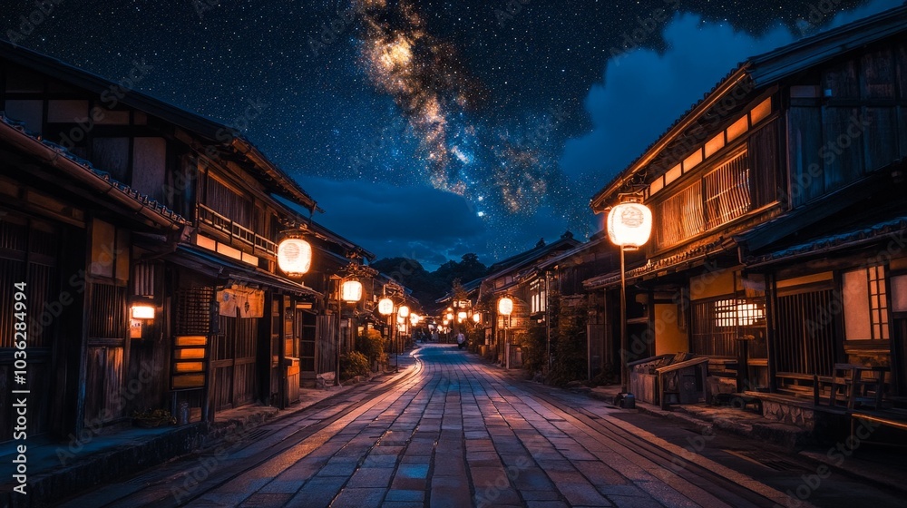 A traditional Japanese street bathed in the warm glow of lanterns at night, with wooden houses lining the path and a breathtaking starry sky creating a mystical ambiance. A traditional Japanese street bathed in the warm glow of lanterns at night, with wooden houses lining the path and a breathtaking starry sky creating a mystical ambiance.