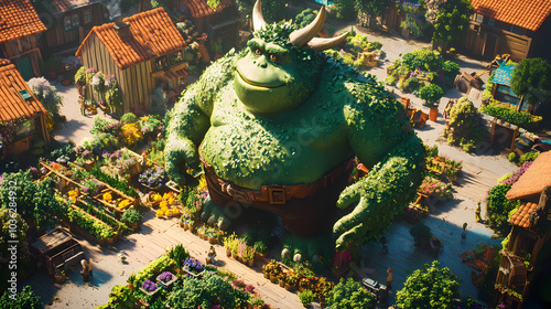 Sparse ogre community gardens flat design top view giant greenthumbs theme 3d render triadic color scheme. Giant Ogre. Illustration photo